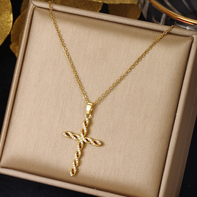 Náhrdelník s křížkem Crystal Twist – zlatá barva – Zoria bižuterie